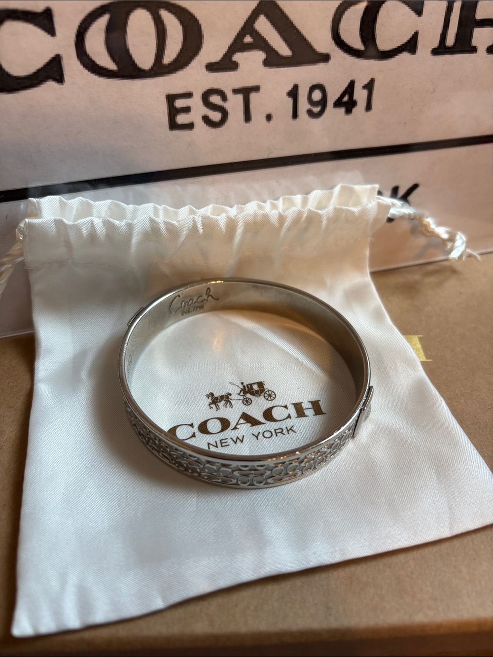 Coach Silver Tone Filigree Logo Bangle Bracelet - Picture 6 of 7